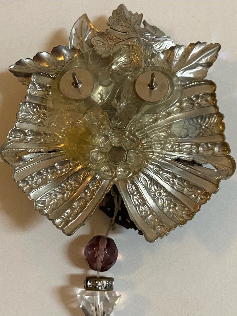 Silver Floral Brooch with Purple and Pink Crystal Dangles Rhinestone